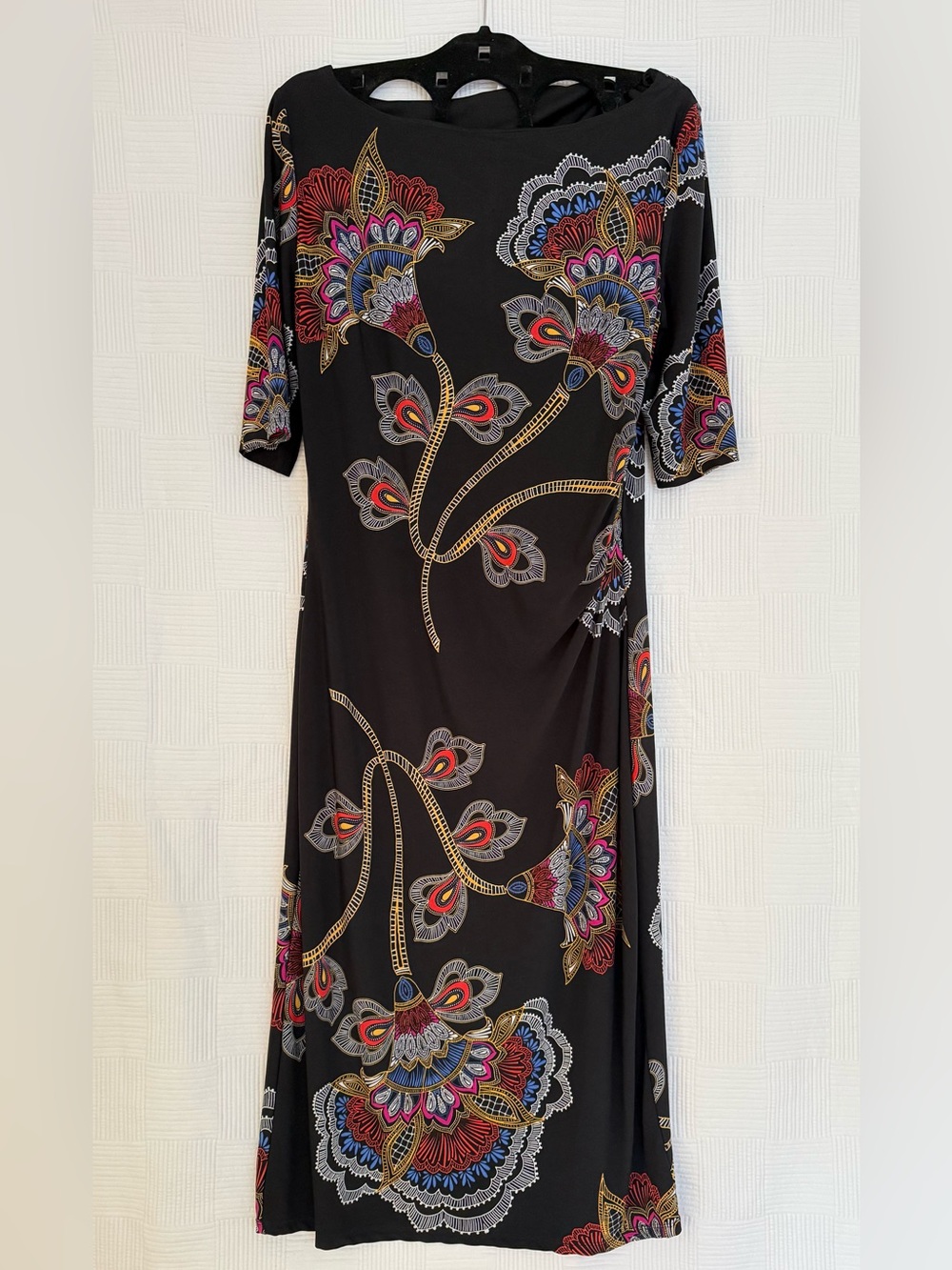 London Style Black Maxi Dress with Multicolor Floral Pattern